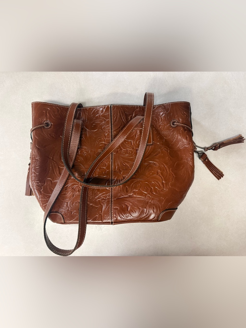 Patricia Nash Embossed Leather Tote Bag in Chestnut Brown